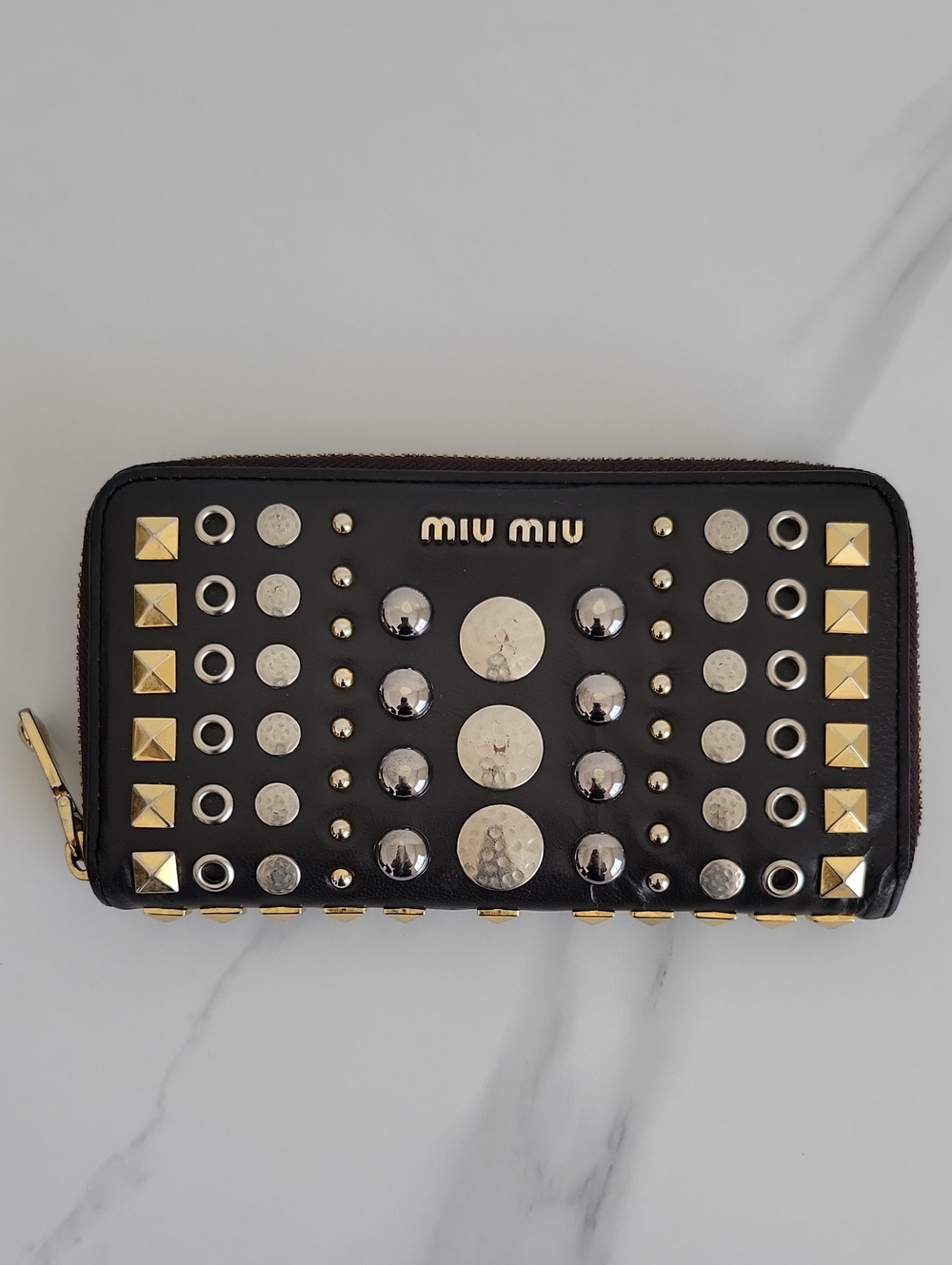 Miu Miu Black Leather Studded Zip Around Long Wallet